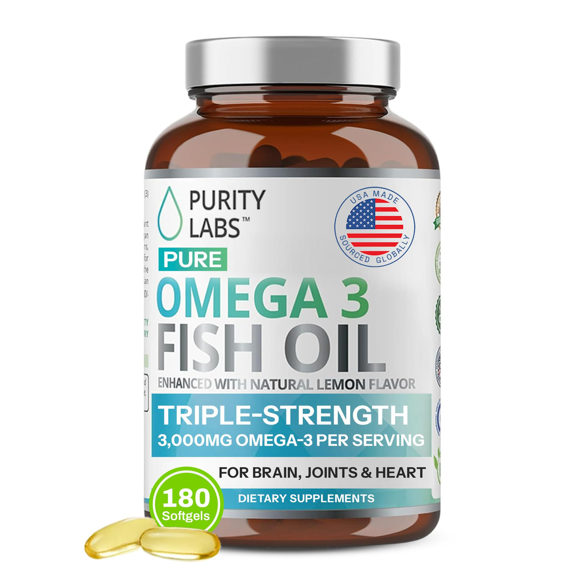 Purity Labs Huile de Poisson Omega 3 3000mg gélules, vue de face