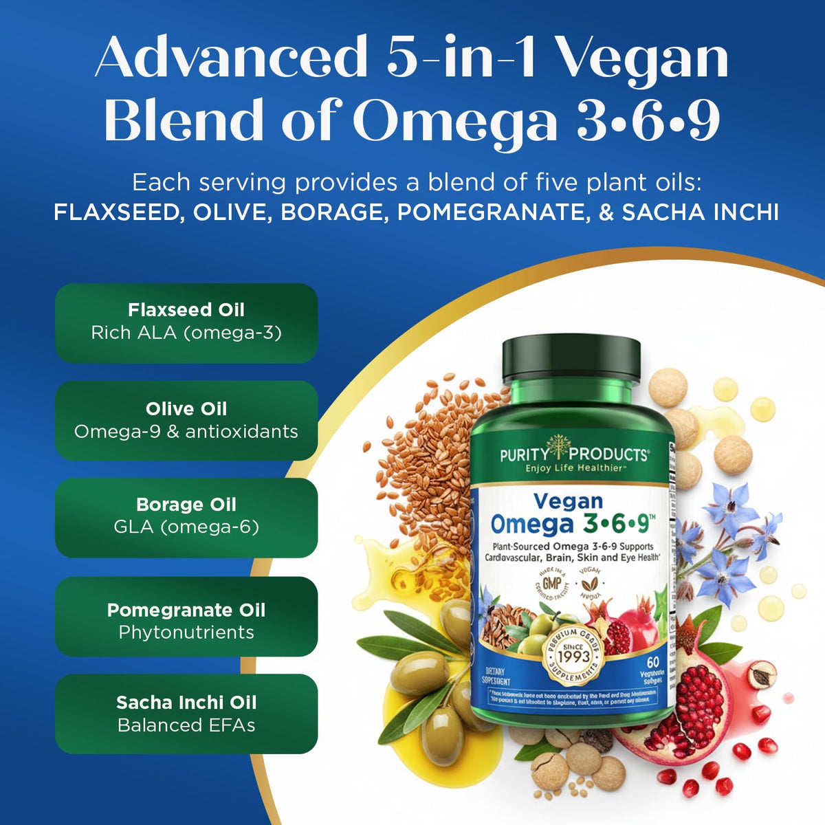 Purity Products Omega 3-6-9 5 en 1, illustration des huiles