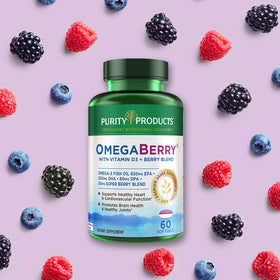 Purity Products OmegaBerry Gélules avec fruits exotiques en arrière-plan