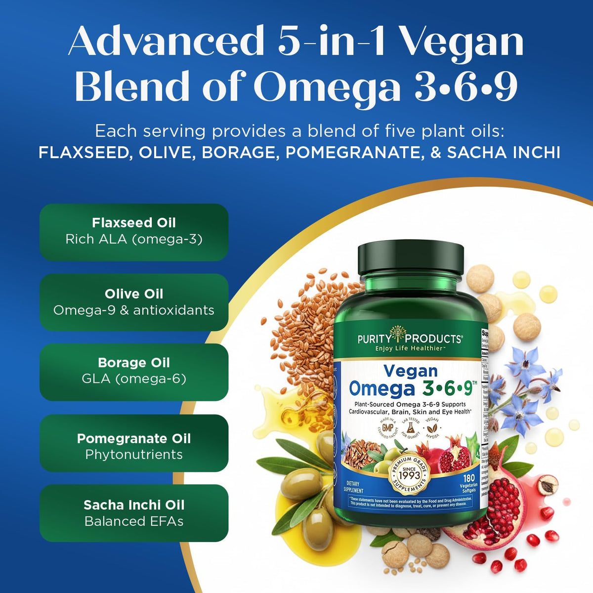 Purity Products Vegan Omega 3 6 9 supplément avec étiquette