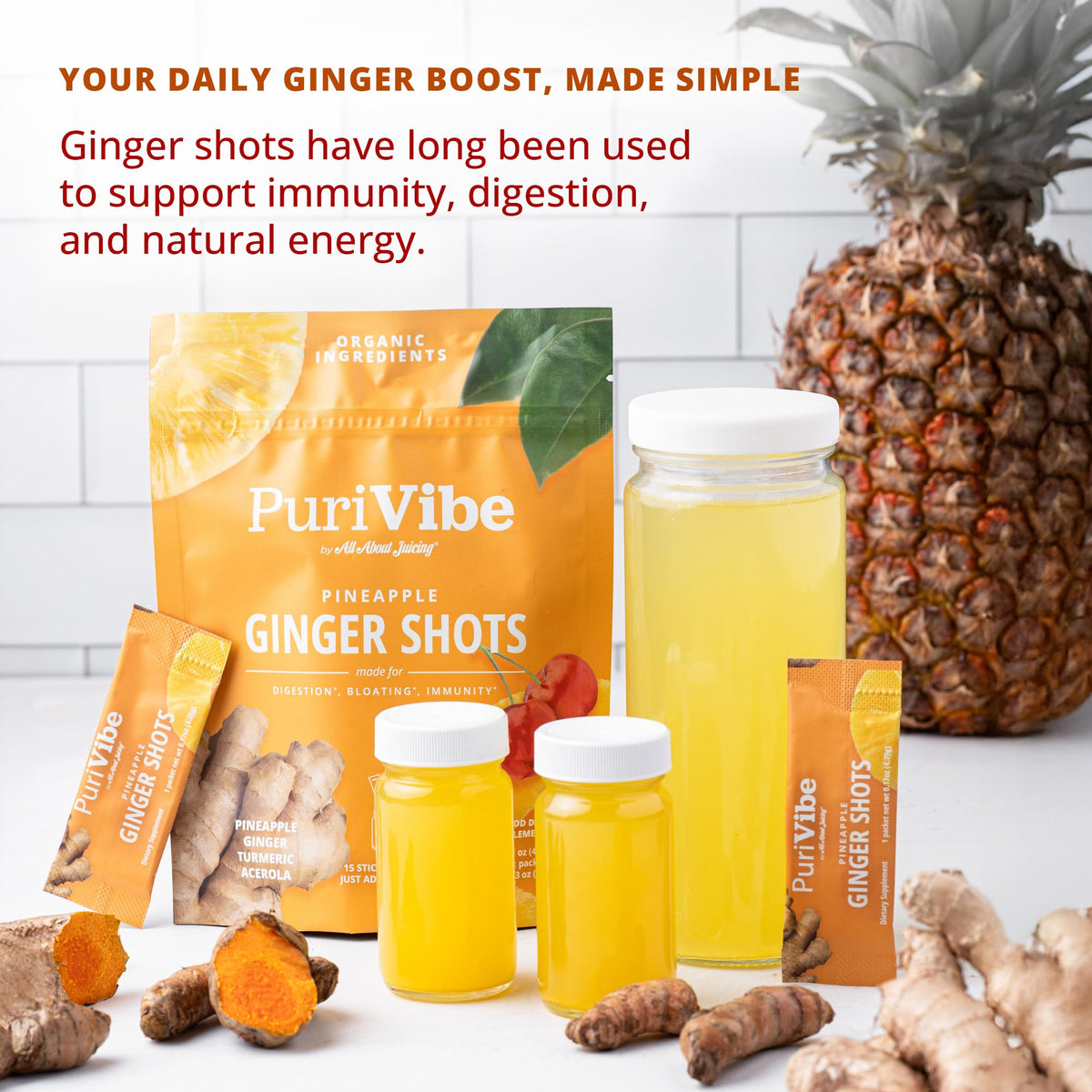 PuriVibe Ginger Shots powder in a bowl with water