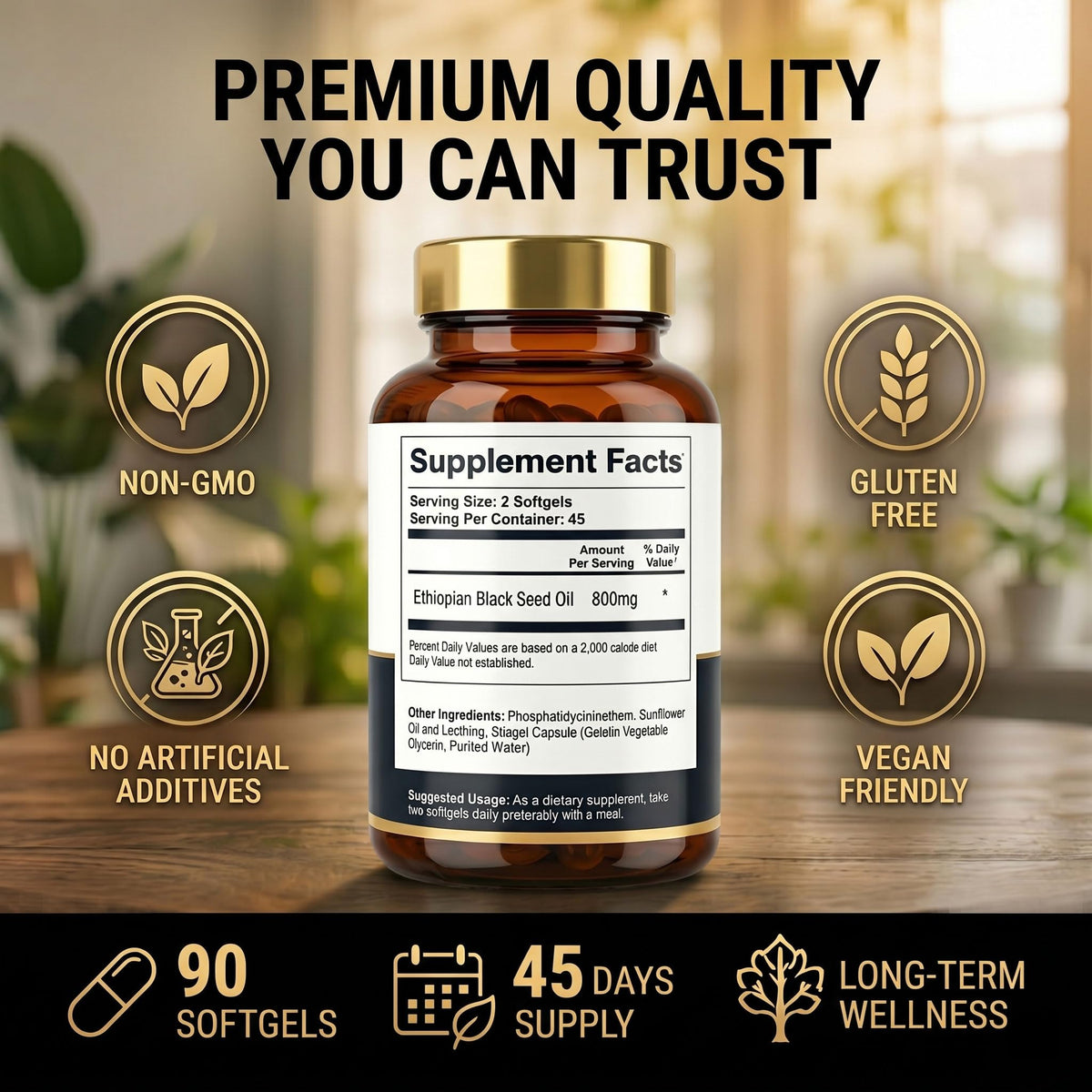 Purixia capsules d'huile de graines noires avec arrière-plan naturel