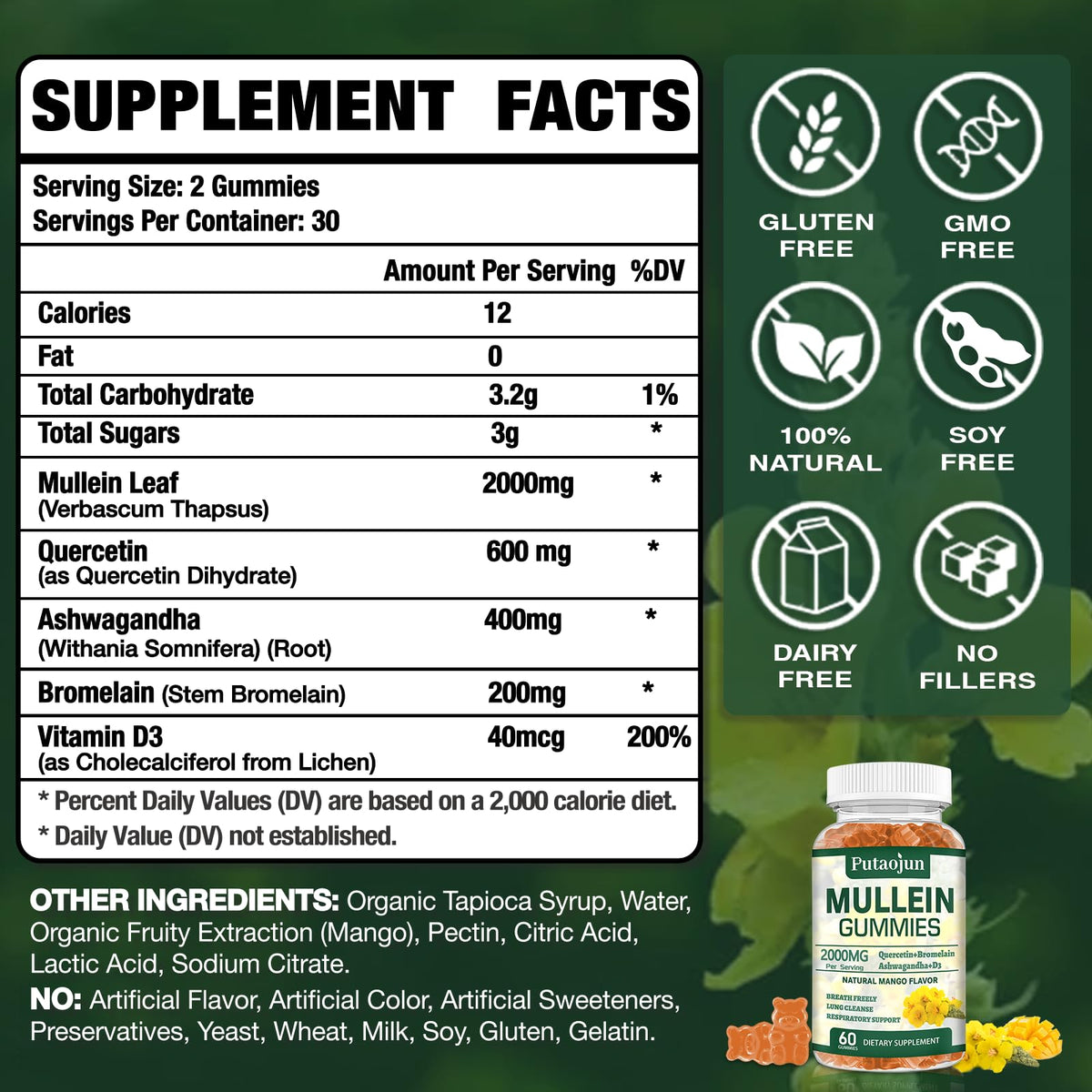 Putaojun gummies bio Mullein 2000mg arrière avec ingrédients