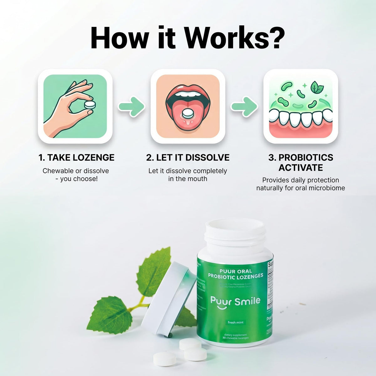 Puur Smile Pastilles Probiotiques Menthe avec étiquette détaillée
