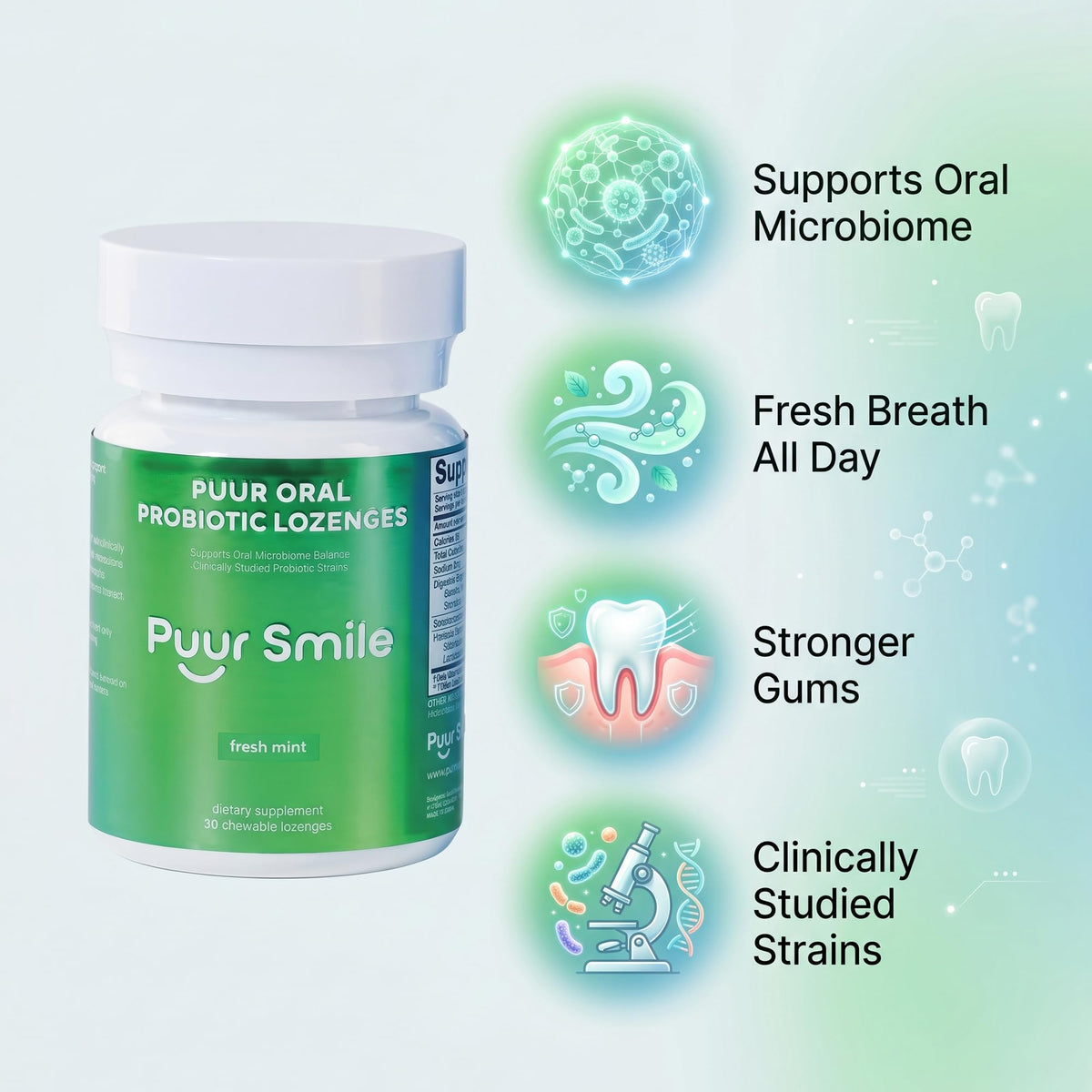 Puur Smile Pastilles Probiotiques Menthe ouvertes sur une table