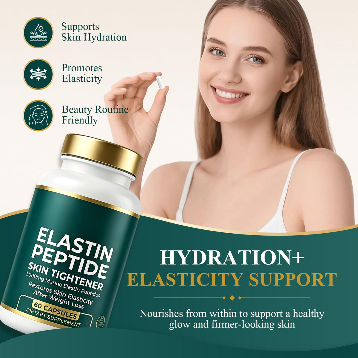 Pvdyud Peptides d'Élastine sur table avec un verre d'eau