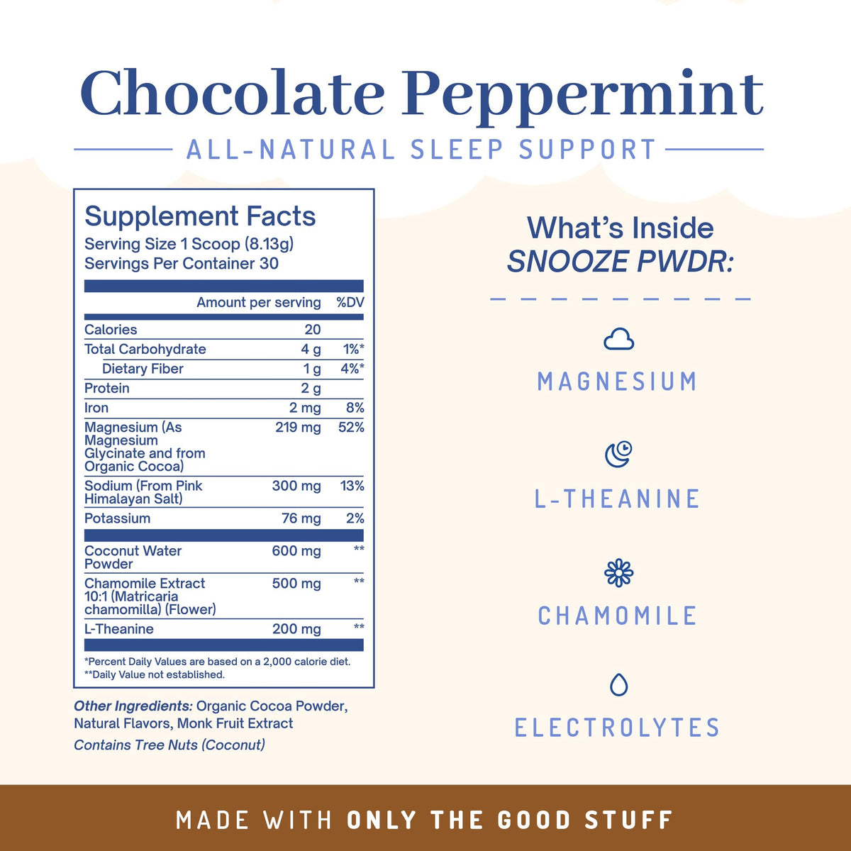 PWDRS Snooze Chocolat Chaud 231g avec des éléments naturels