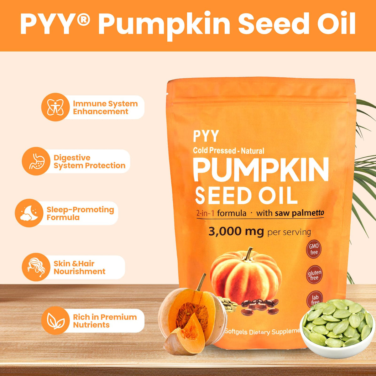 PYY Capsules d'Huile de Graines de Citrouille avec une main tenant le sachet