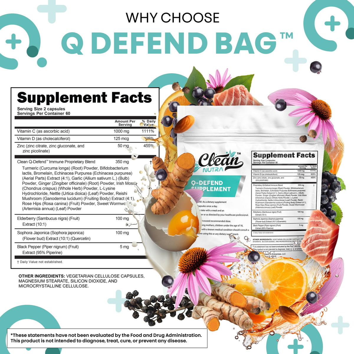 Q Defend de Clean Nutraceuticals sur une table avec des ingrédients naturels