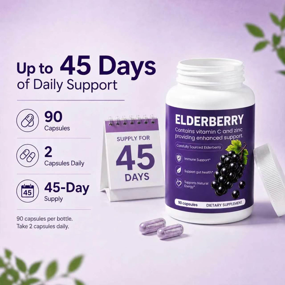 QLONU Elvera Complément Alimentaire 1200mg Extrait de Sureau, capsules sur une table