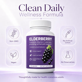 QLONU Elvera Complément Alimentaire 1200mg Extrait de Sureau, mise en scène avec des fruits