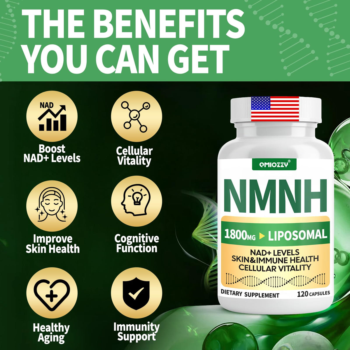 Qmiozzy NMNH 1000mg capsules sur une table