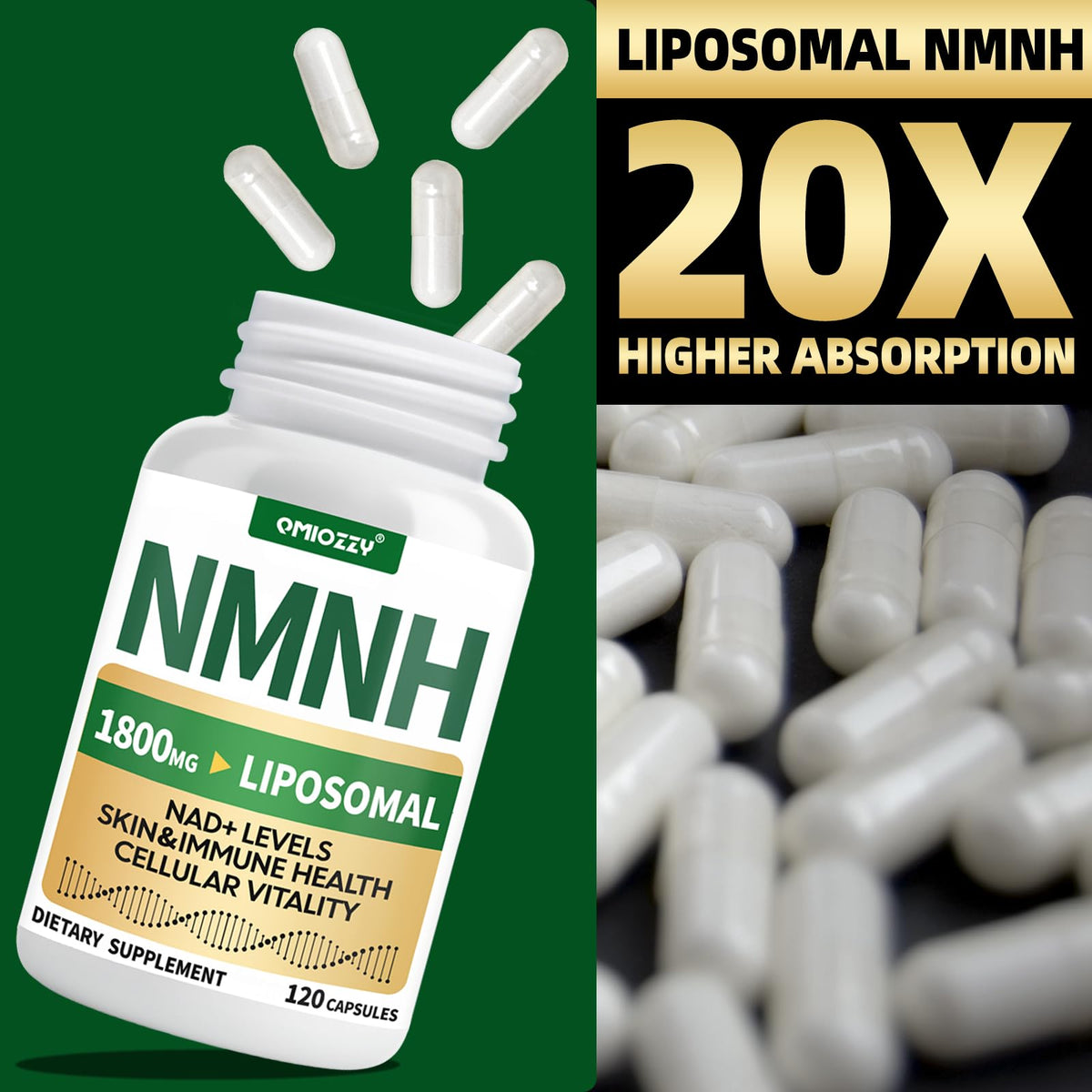 Qmiozzy NMNH 1000mg complément alimentaire avec bouteille ouverte