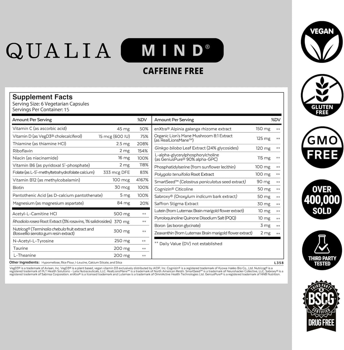 QUALIA LIFE SCIENCES Complément Alimentaire Caffeine-Free - capsules sur un fond neutre