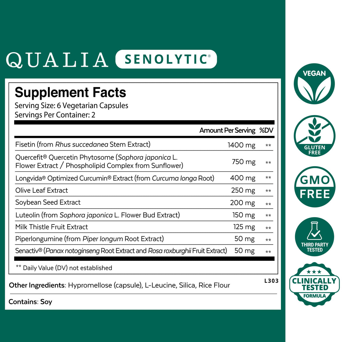 QUALIA LIFE SCIENCES Qualia Senolytic ingrédients listés sur l'emballage