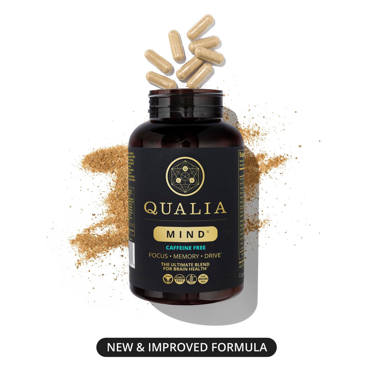 Qualia Mind complément cérébral sans caféine 308g sur une table