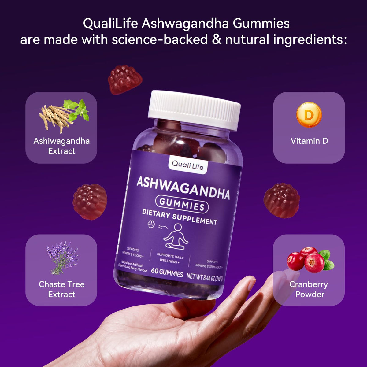 QualiLife Ashwagandha gummies displayed with natural ingredients