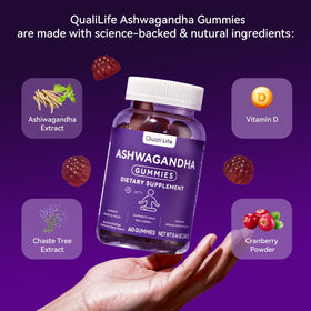 QualiLife Ashwagandha gummies displayed with natural ingredients
