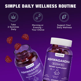 QualiLife Ashwagandha gummies in a bowl with fresh berries