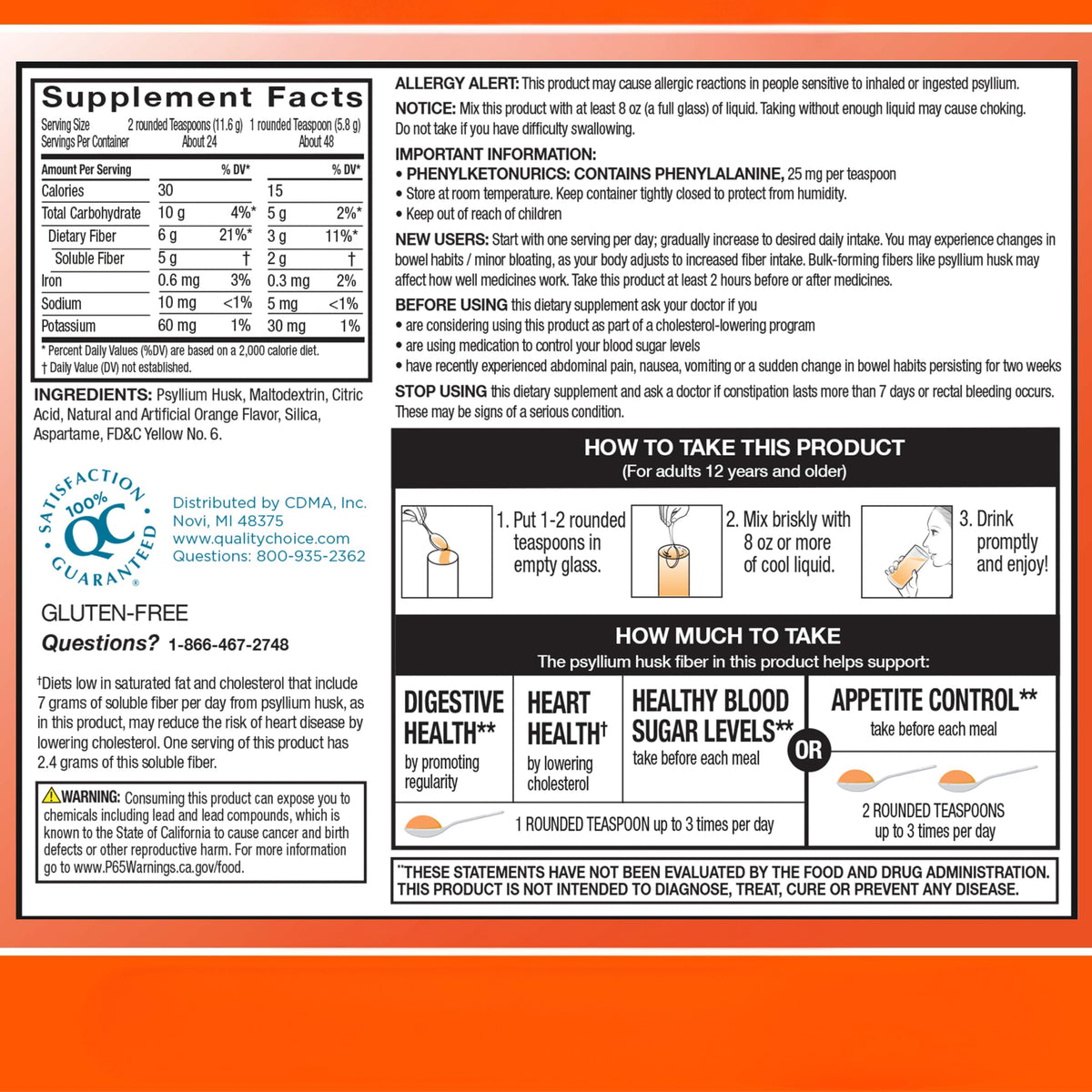 Quality Choice Poudre de Fibre SANS SUCRE 48 Doses Saveur Orange emballage