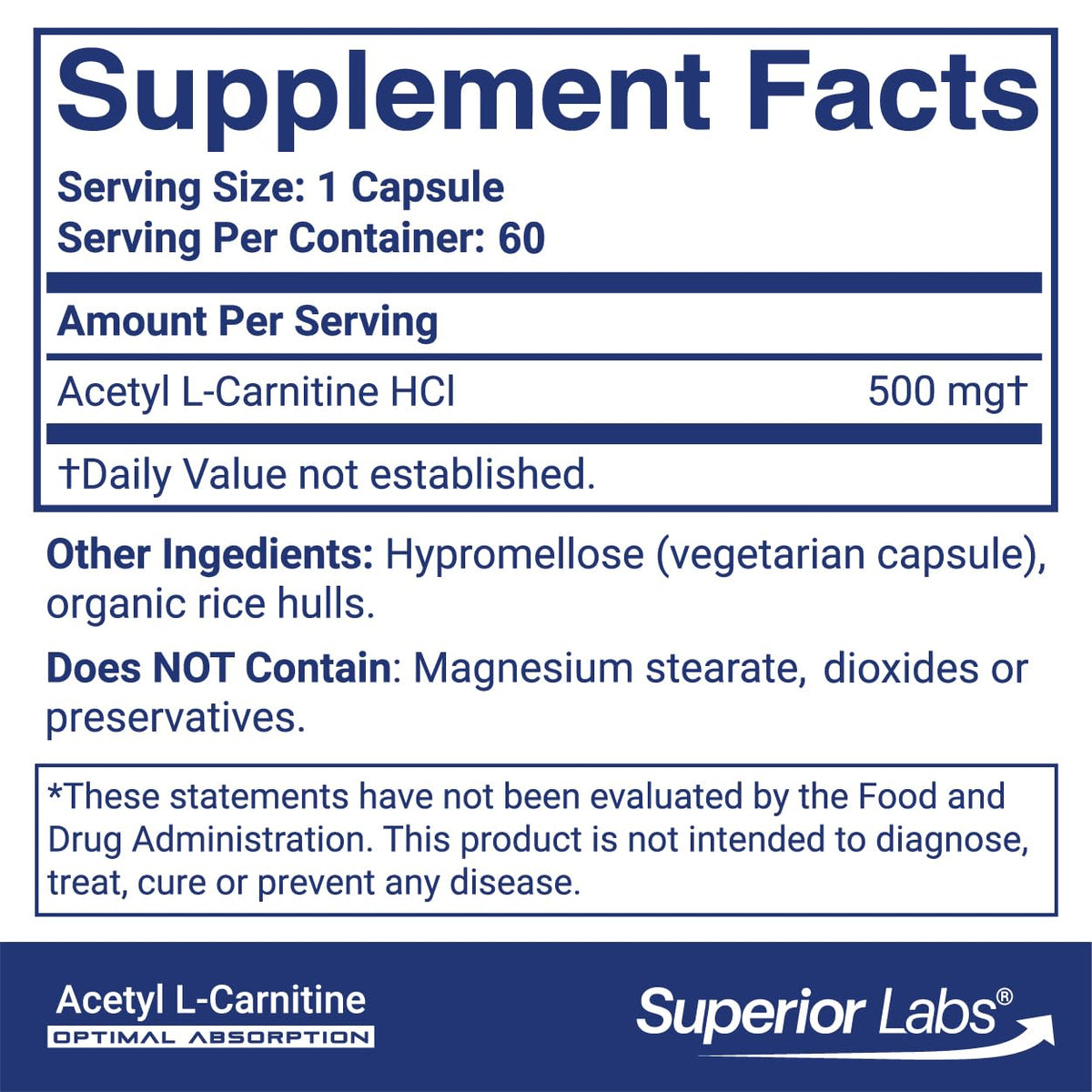 quality Labs Acetyl L-Carnitine 500 mg bottle with label