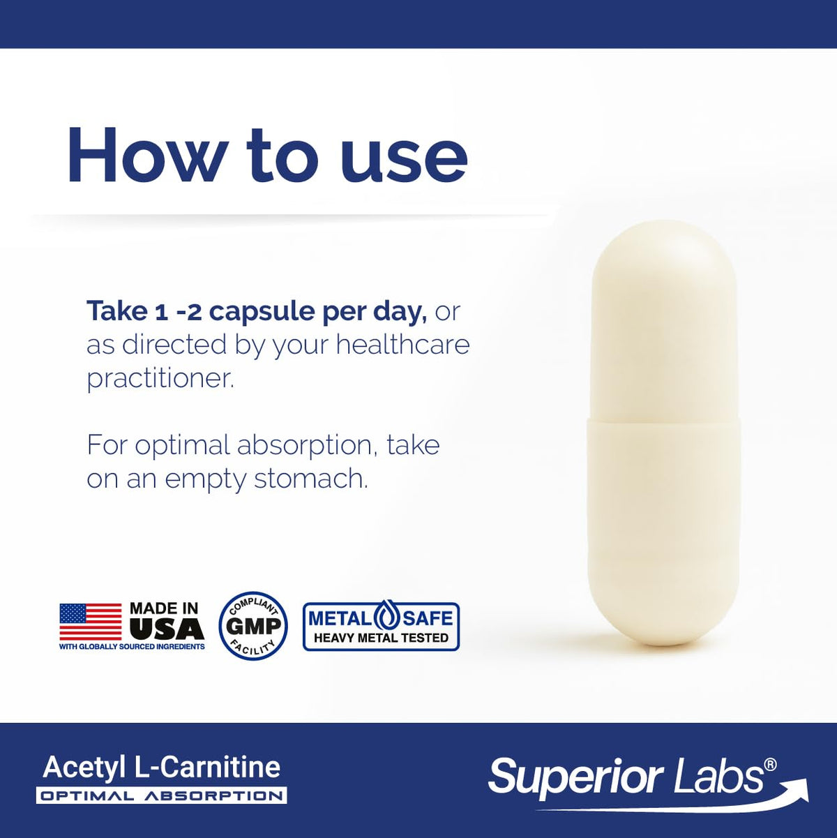 quality Labs Acetyl L-Carnitine 500 mg capsules on a wooden table