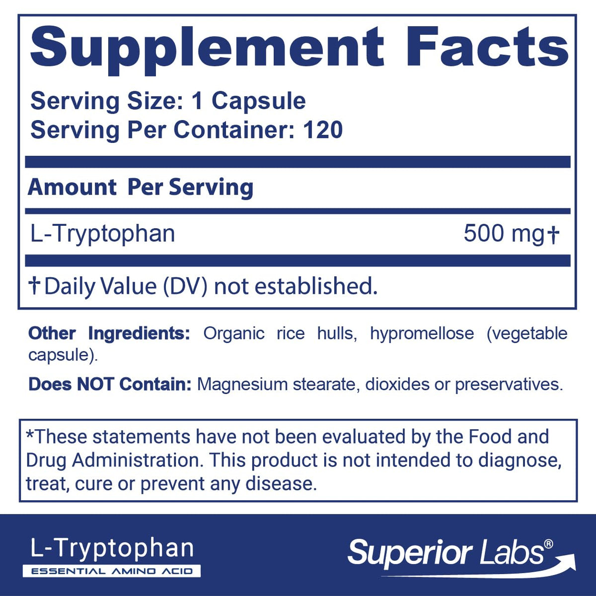 quality Labs L-Tryptophan 500 mg capsules side view