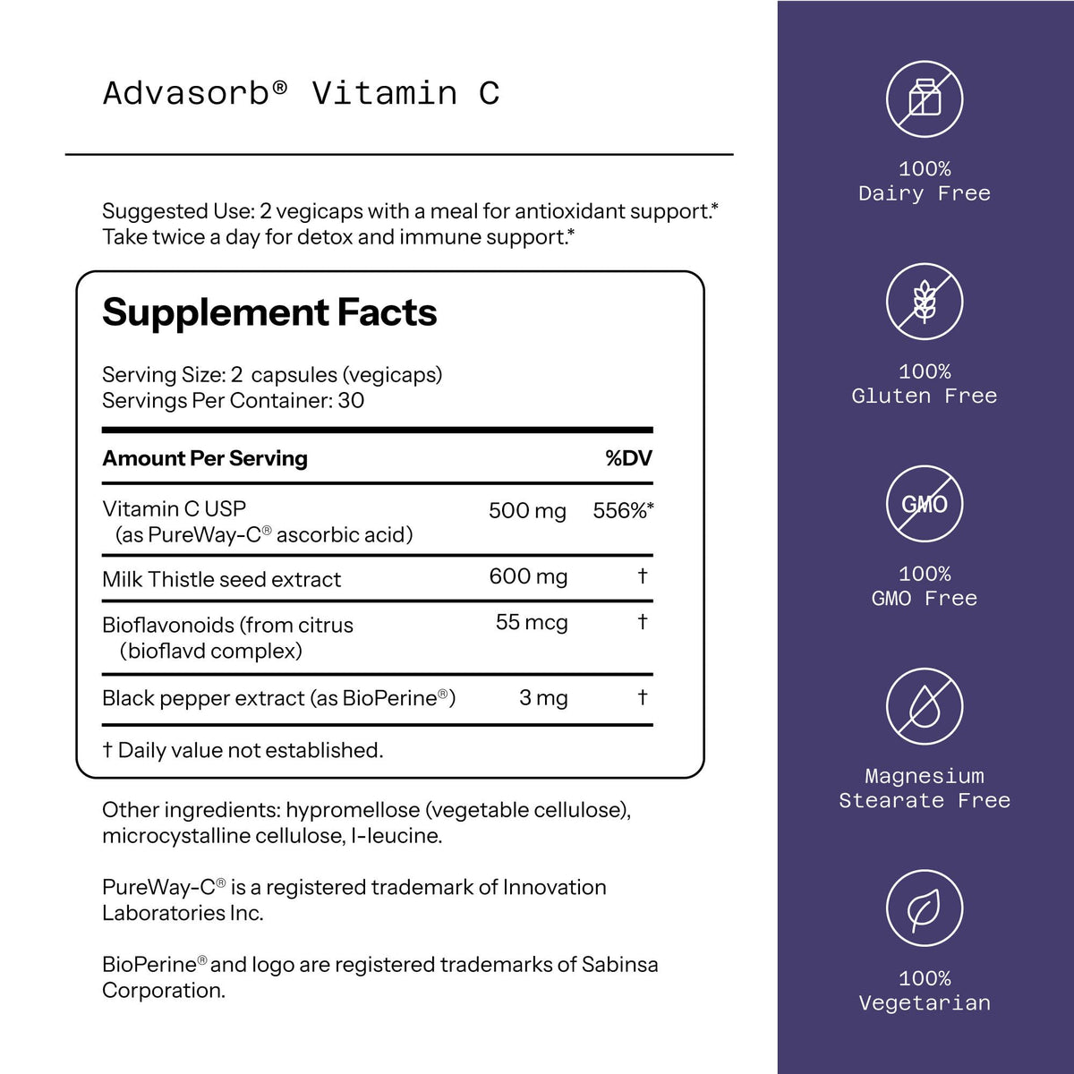 Quality of Life Advasorb® Vitamine C 60 Vegicaps - vue arrière