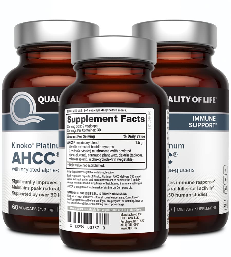 Quality of Life AHCC Kinoko Platinum 750 mg bouteille vue de côté