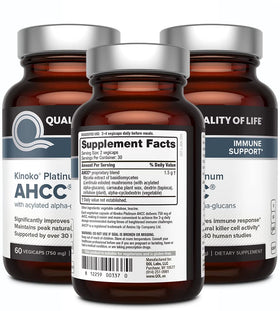Quality of Life AHCC Kinoko Platinum 750 mg bouteille vue de côté