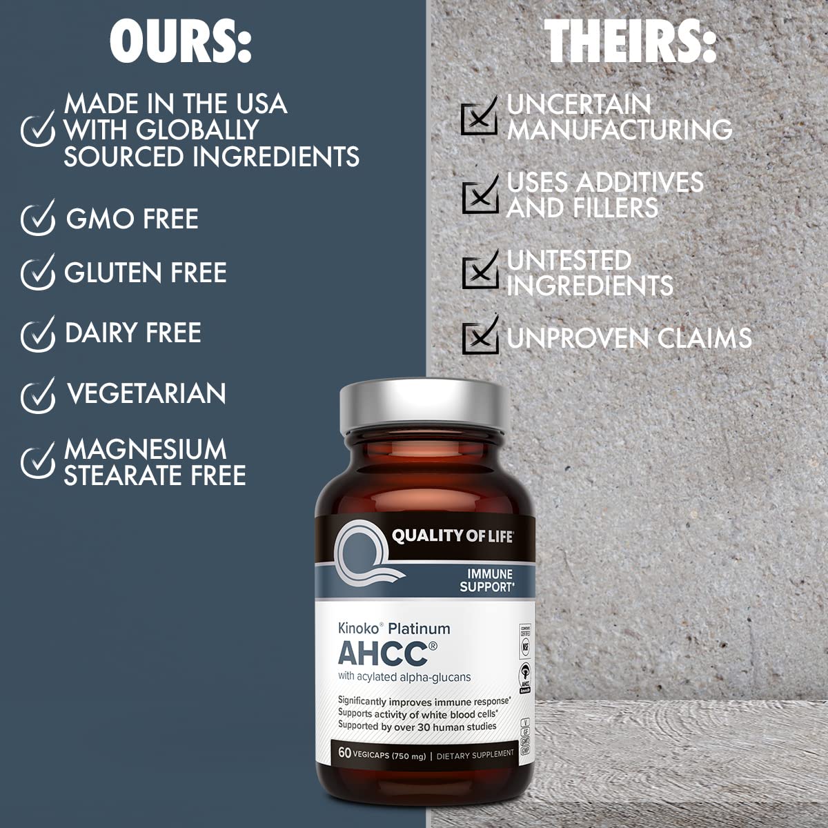 Quality of Life AHCC Kinoko Platinum 750 mg capsules sur une surface blanche