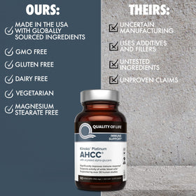 Quality of Life AHCC Kinoko Platinum 750 mg capsules sur une surface blanche