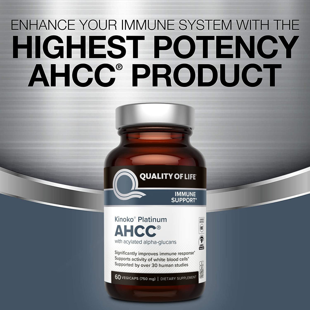 Quality of Life AHCC Kinoko Platinum 750 mg détails de l'étiquette