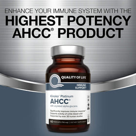 Quality of Life AHCC Kinoko Platinum 750 mg étiquette de la bouteille