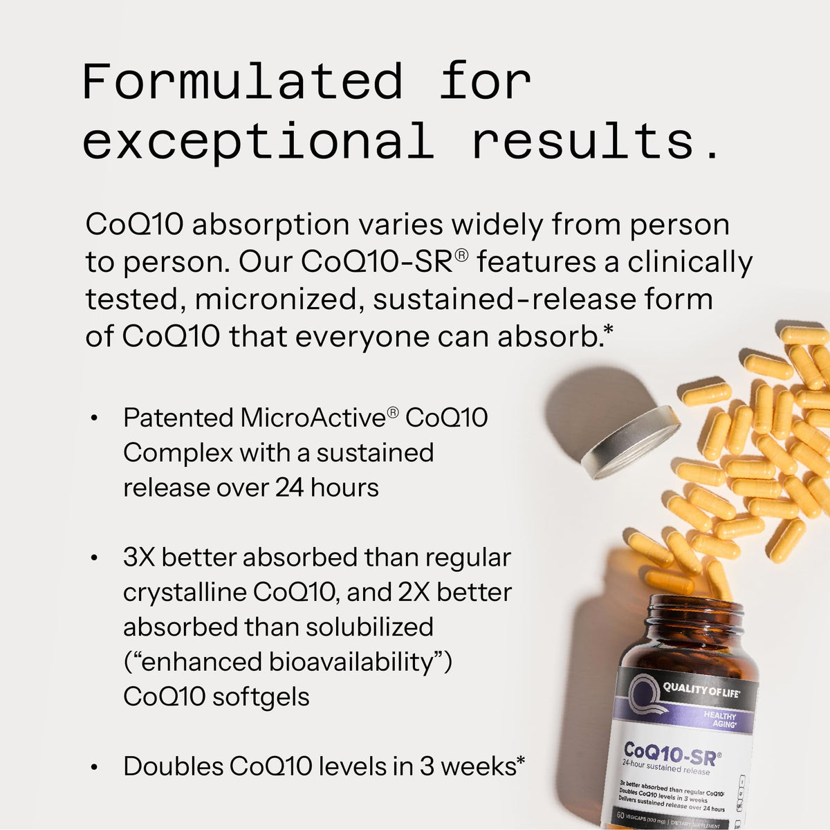 Quality of Life CoQ10-SR 100 mg capsules on a wooden surface