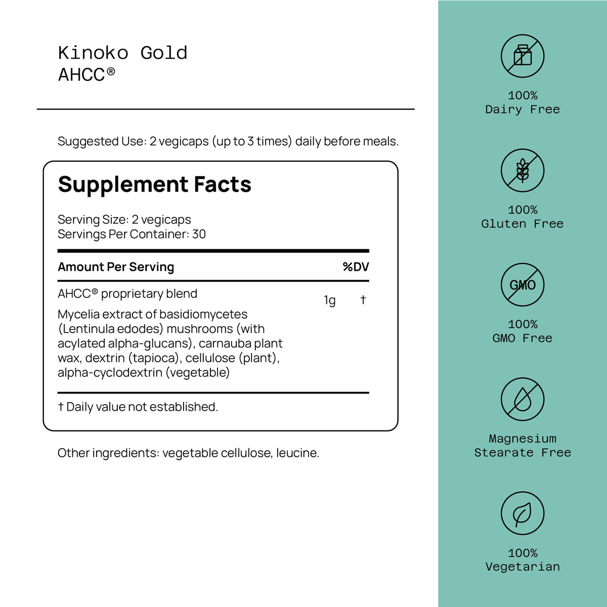 Quality of Life Kinoko Gold AHCC 500mg 60 capsules back view