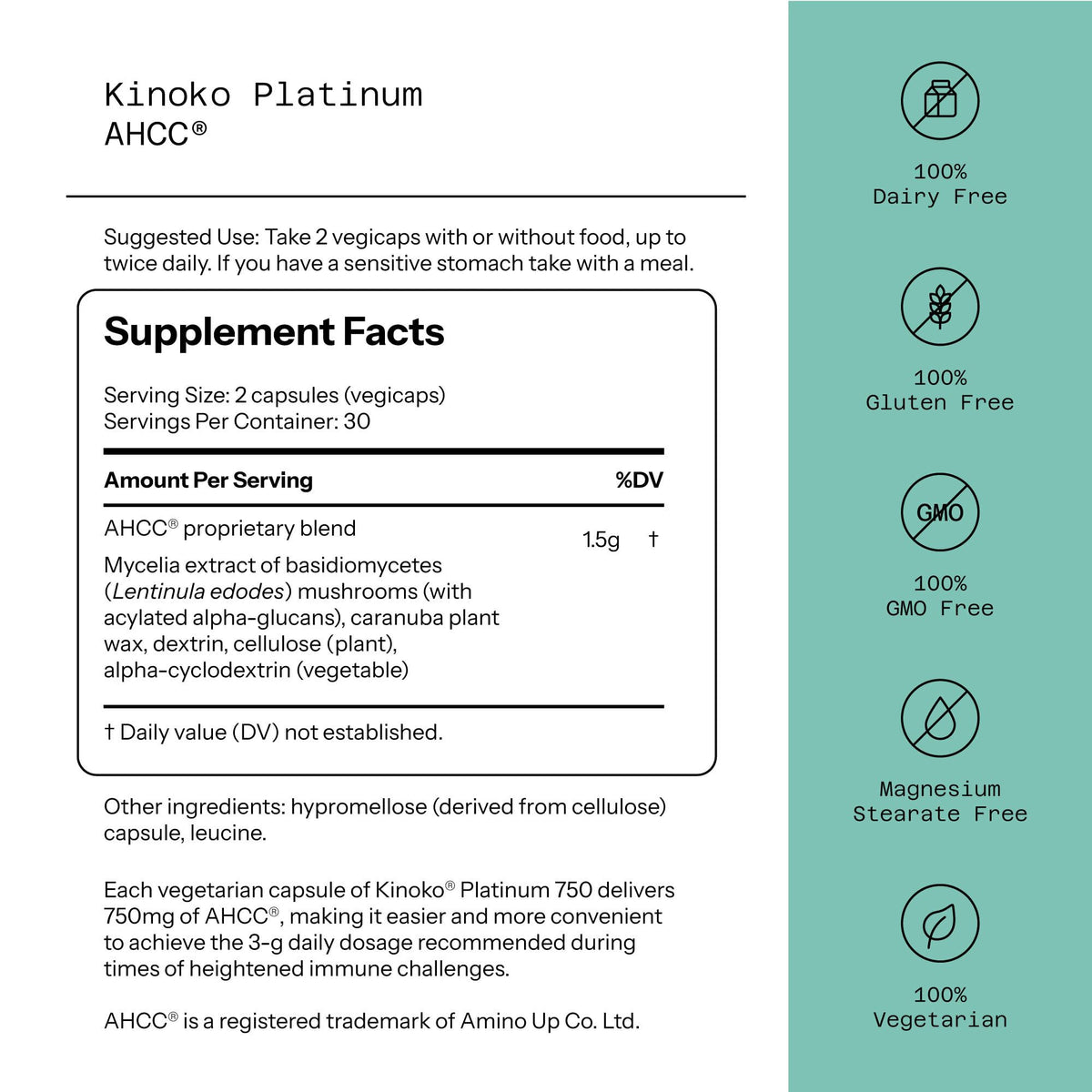 Quality of Life Kinoko Platinum AHCC 750mg capsules végétales vue de près
