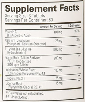 Quantum Super Lysine 180 comprimés, informations nutritionnelles