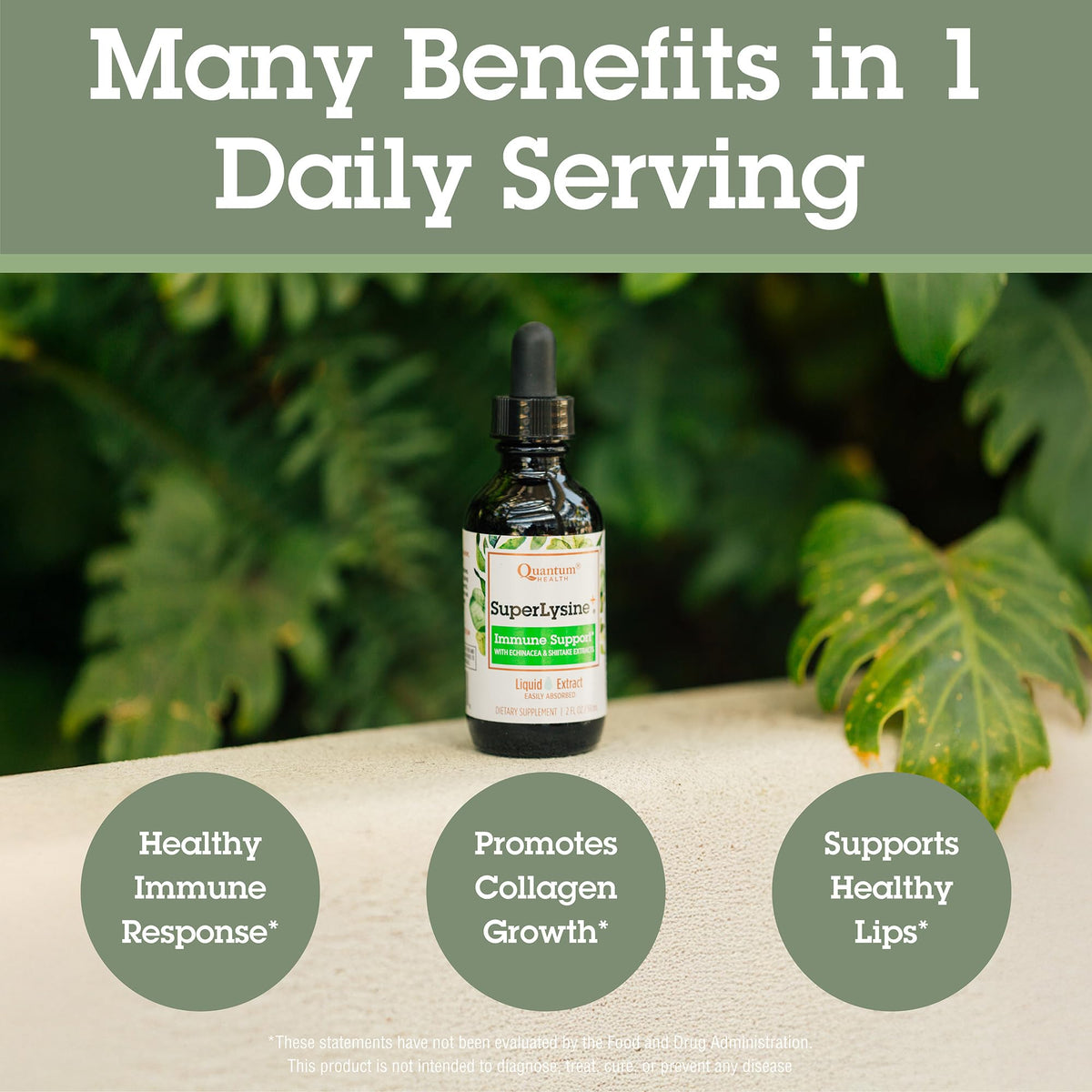 Quantum SuperLysine+ sur une table avec des ingrédients naturels