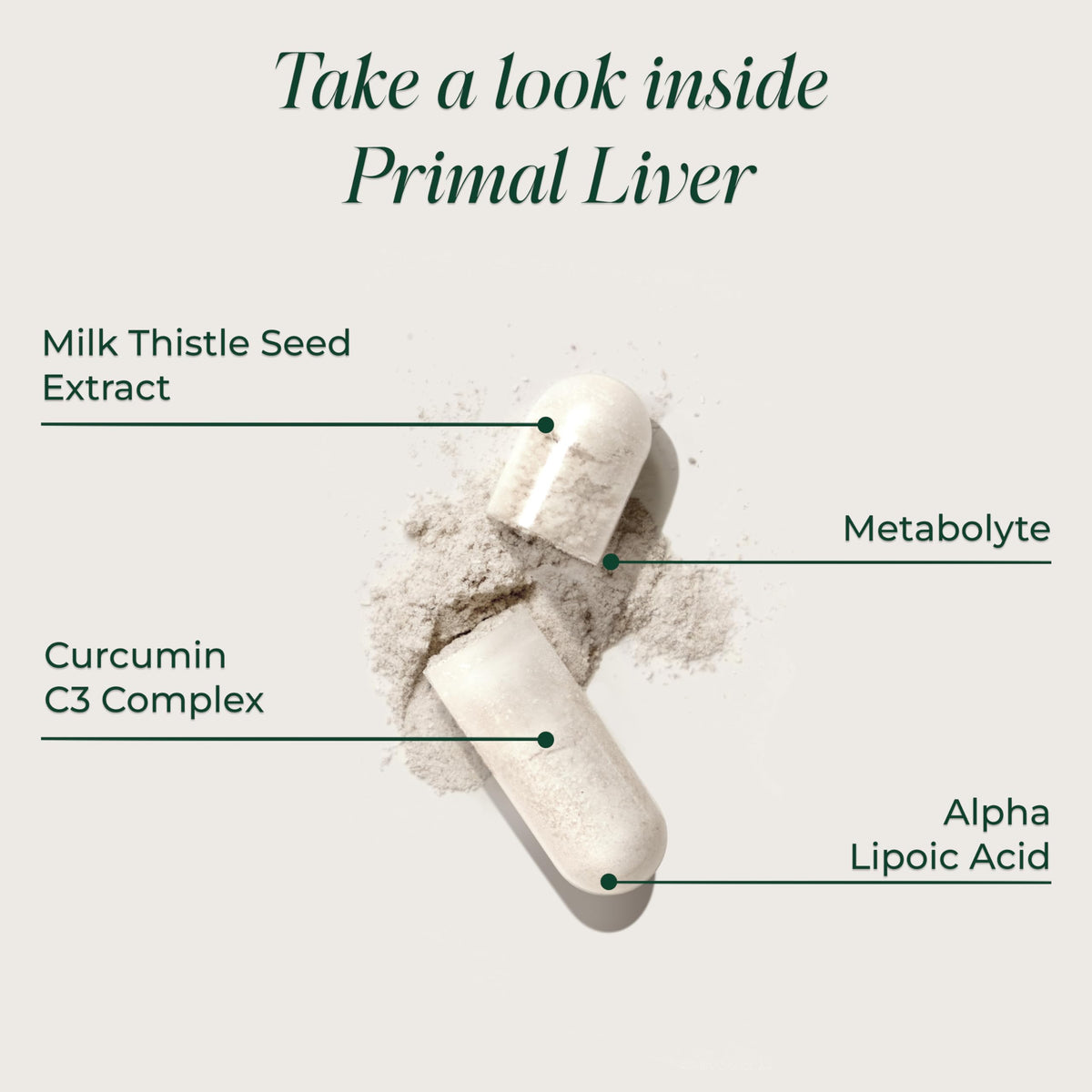 Quatre capsules de Primal Harvest Complément Alimentaire Foie sur une table