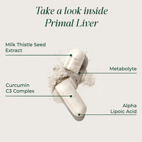 Quatre capsules de Primal Harvest Complément Alimentaire Foie sur une table