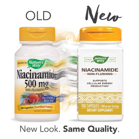 Quatre flacons de Niacinamide Nature's Way 500 mg alignés