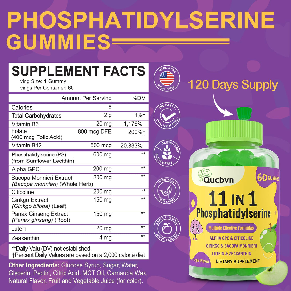 Qucbvn Phosphatidylsérine 600mg ingrédients sur l'étiquette