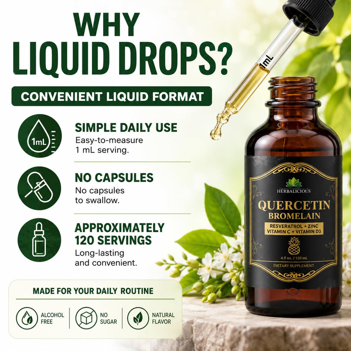 Quercetin Bromelain Liquide HERBALICIOUS 120 ml avec un verre d'eau