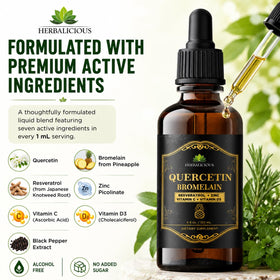 Quercetin Bromelain Liquide HERBALICIOUS avec des ingrédients naturels en arrière-plan