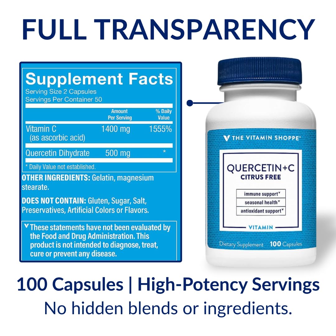 Quercetin + C sans agrumes de The Vitamin Shoppe, capsules sur une cuillère