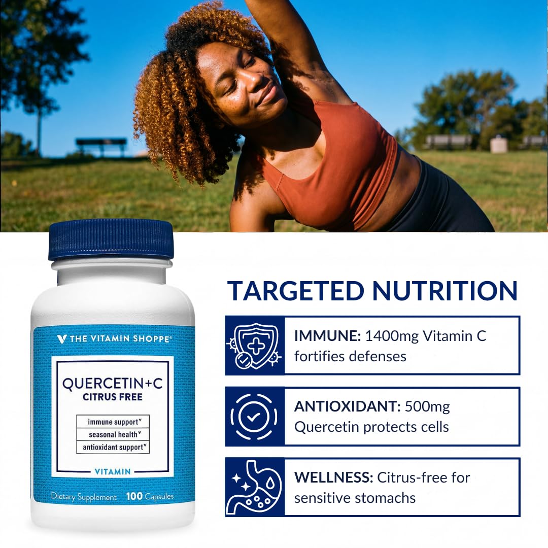 Quercetin + C sans agrumes de The Vitamin Shoppe, vue latérale de la bouteille
