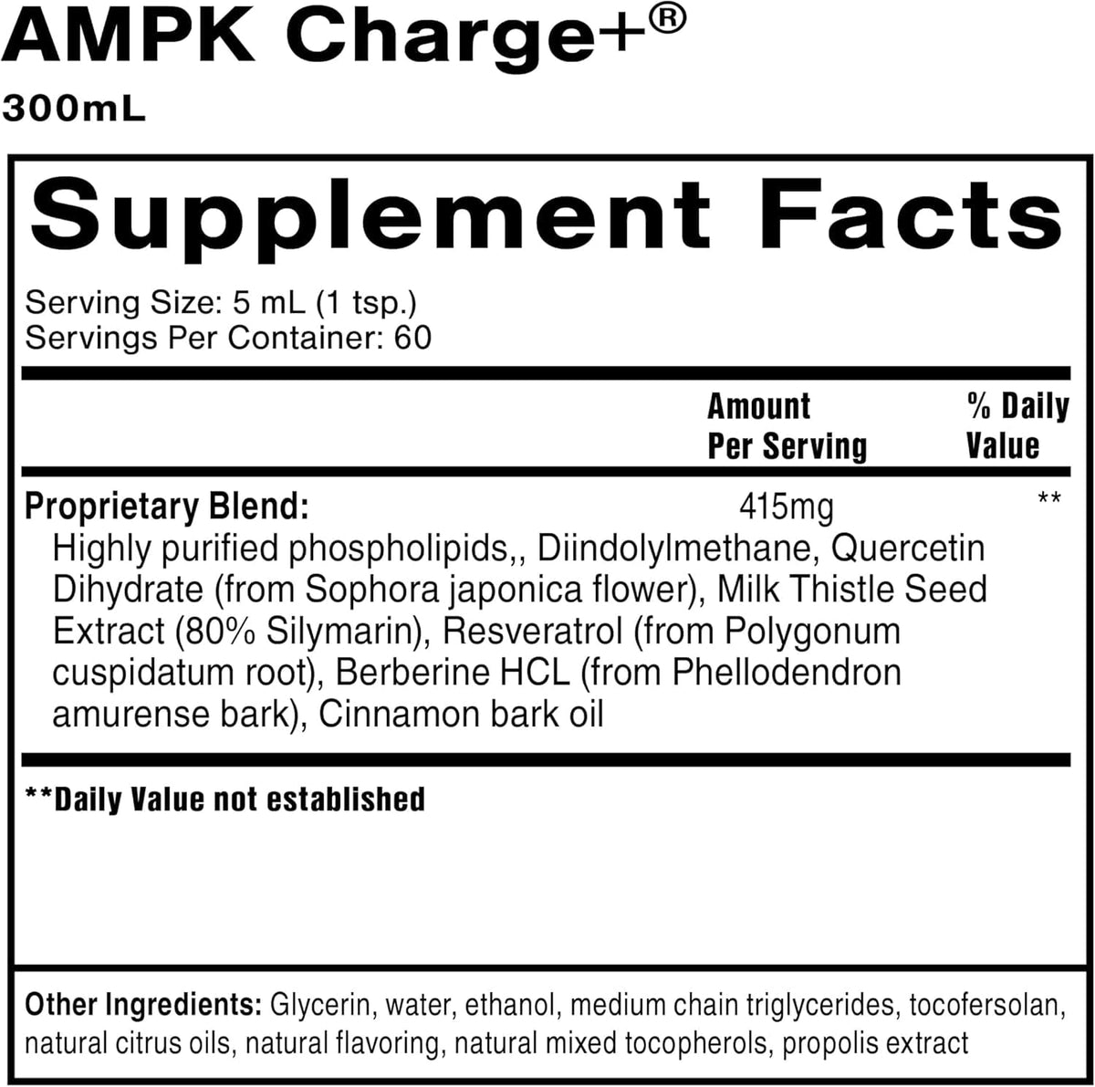 Quicksilver Scientific AMPK Charge+ 300ml affichant les ingrédients