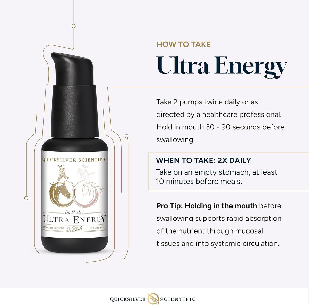 Quicksilver Scientific Dr. Shade's Ultra Energy 50ml présentation sur une table