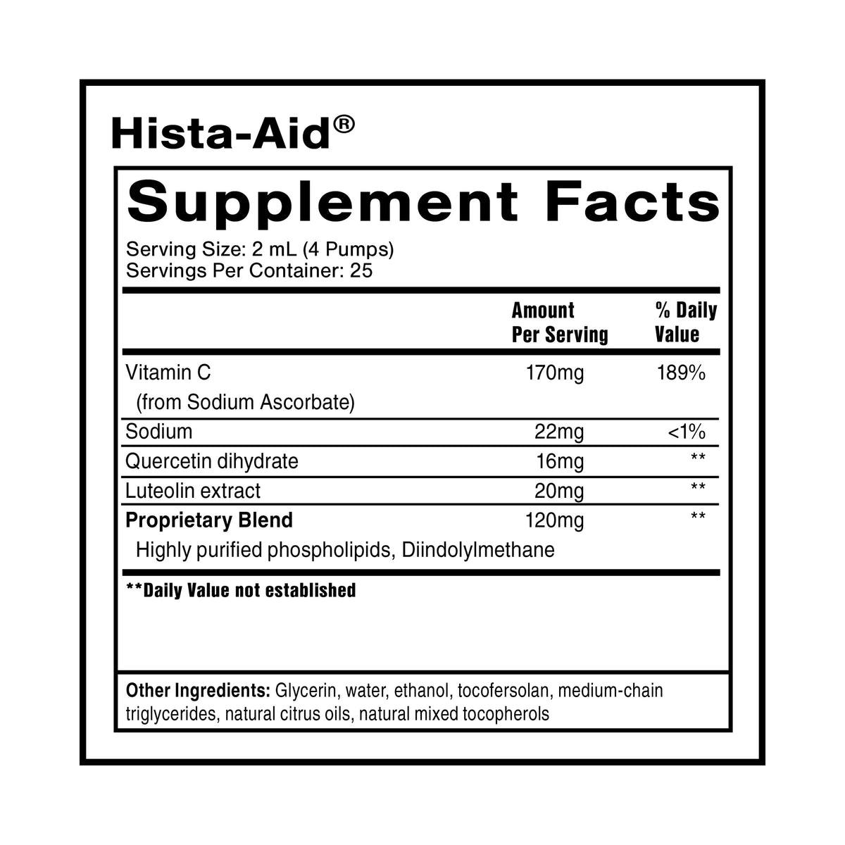 Quicksilver Scientific Hista-Aid 50ml étiquette avec ingrédients